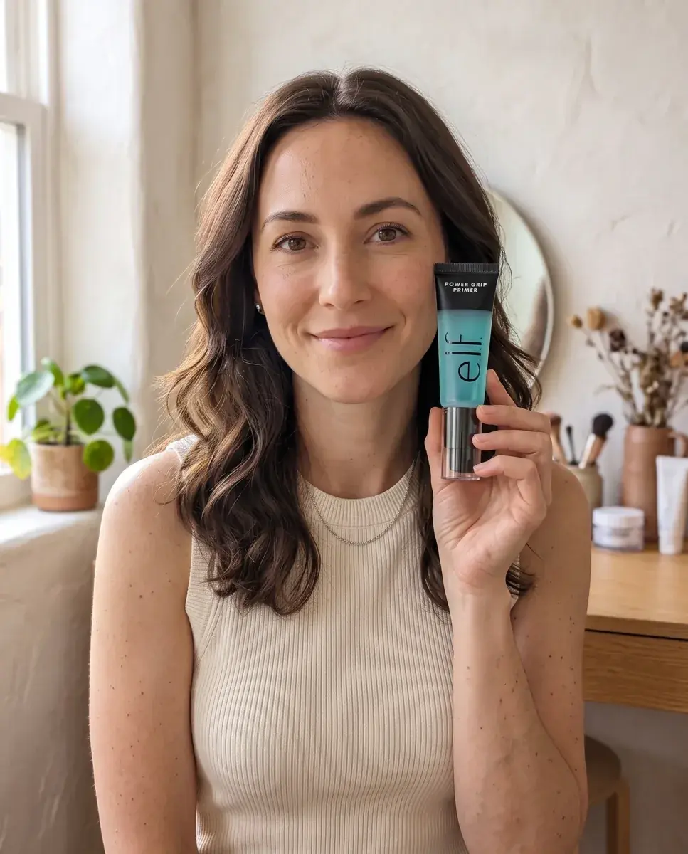 Creator-style product photo: a woman holding a tube of e.l.f. Power Grip Primer